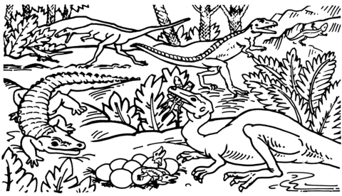 Coelophysis, Protosuchus And Saltoposuchus Coloring Page